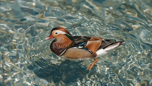 Duck Swims in Clear Water, Creating Ripples on the Surface at a Pond in a Sun...