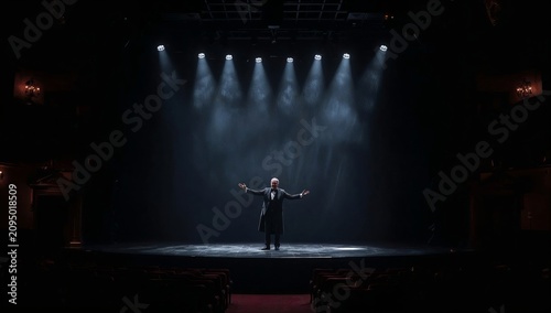 Man Performs on Theater Stage With Bright Lights and Empty Audience in Evening