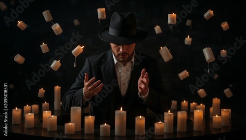 Man Performs Magic With Floating Candles in a Dark Room During an Evening Show