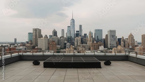 Rooftop Stage With City Skyline View During Cloudy Weather in New York