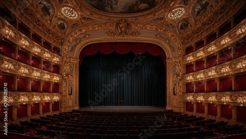 Grand Theater Stage With Red Curtain and Ornate Gold Decorations in a Histori...