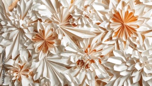 Art Display of Paper Flowers in White and Orange Arranged on a Flat Surface