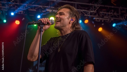Singer Performs on Stage With Colorful Lights During a Live Concert at a Late...