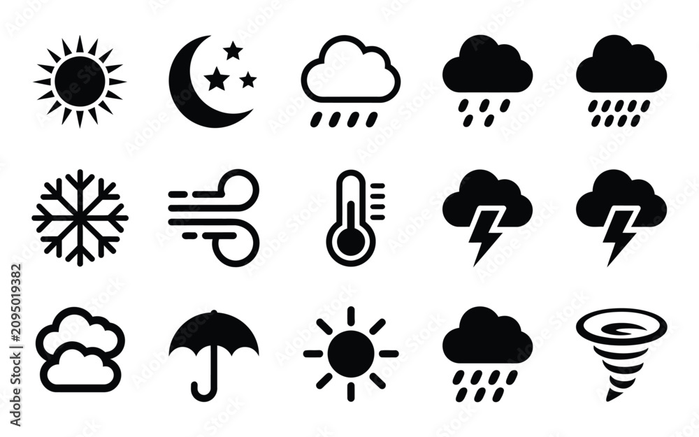Obraz premium Weather forecast icon set, black meteorological symbols featuring sun, moon, cloud, rain, snow, wind, thunderstorm and tornado for climate prediction.