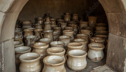 Artisan Pottery Displayed Inside a Traditional Workshop in a Historic Town
