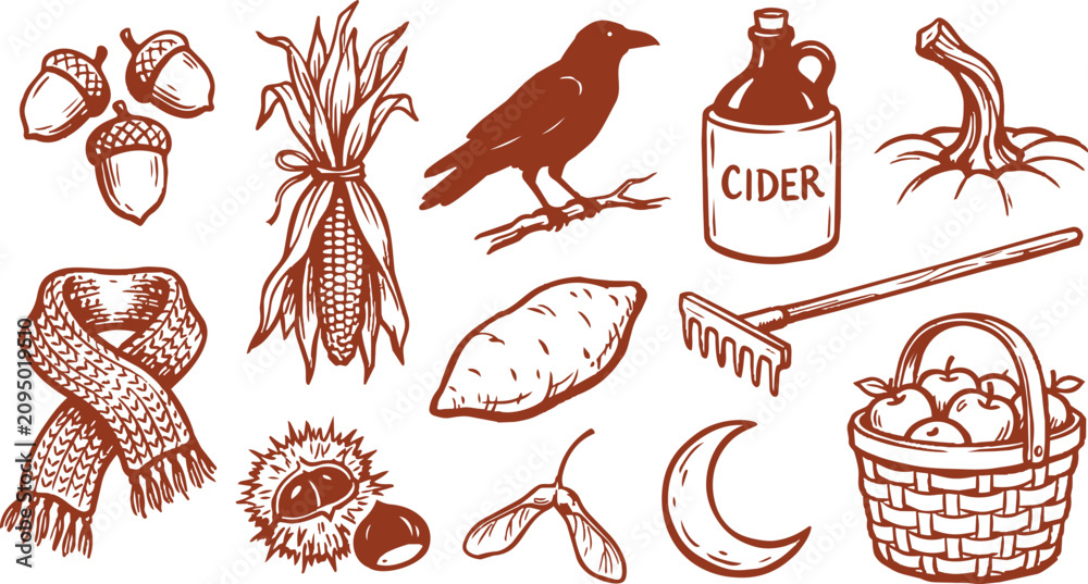Obraz premium autumn harvest hand drawn vector icon set