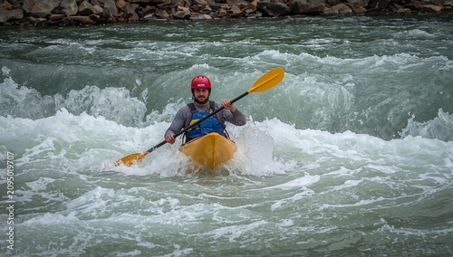 Man Paddles a Kayak Through Whitewater Rapids in a River During Daytime