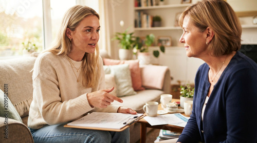 Young woman explains financial documents to an older female friend indoors