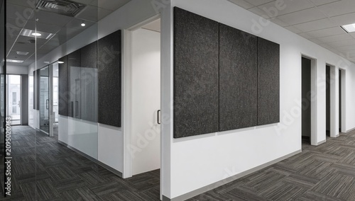 Wall Panels in an Office Hallway With Modern Design and Clear Glass Sections ...