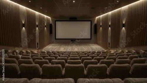 Movie Theater Setup With Empty Seats and Large Screen in a Dimly Lit Room Dur...