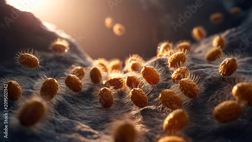 Microscopic view of hairy bacteria cells or pathogens on a textured surface