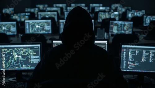 Dark Room Filled With Computer Screens and a Person Wearing a Hoodie in Front...