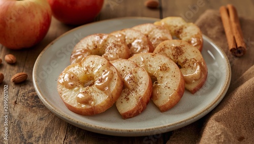 Fresh Apple Slices Served on a Plate With Honey, Cinnamon, and Nuts in a Cozy...