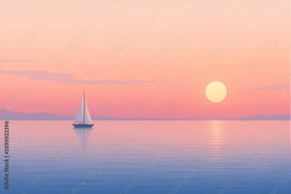 Naklejka premium A sailboat moves slowly across the water during sunset. The sun hangs low in the sky, casting orange and pink colors over the scene. The water is smooth and reflects the light.