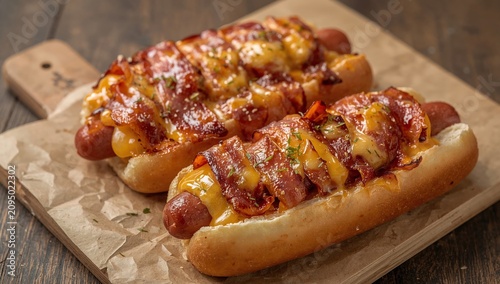 Delicious Hot Dogs Wrapped in Bacon and Cheese Served on a Plate During a Gat...