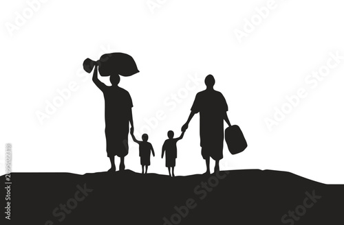 Refugee family walking. Displaced people migrating. Humanitarian crisis.