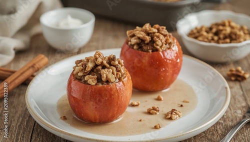 Baked Apples With Walnut Filling on a Wooden Table With Cinnamon Sticks in a ...