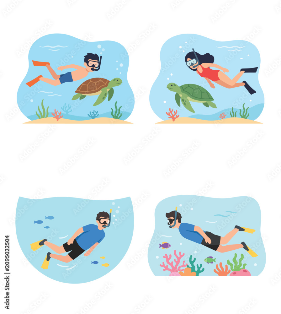 Naklejka premium Illustration of people snorkeling with sea turtles and exploring coral reefs, depicting underwater exploration and marine life encounters