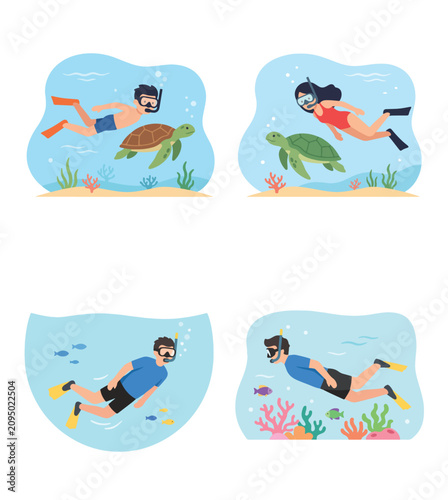 Canvastavla Illustration of people snorkeling with sea turtles and exploring coral reefs, de