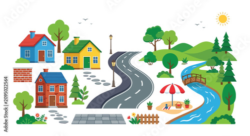 Quadro su tela Vector illustration of a quaint village scene with houses a winding road and a s