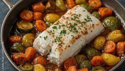 Delicious Meal of Cooked Fish With Vegetables Presented on a White Plate
