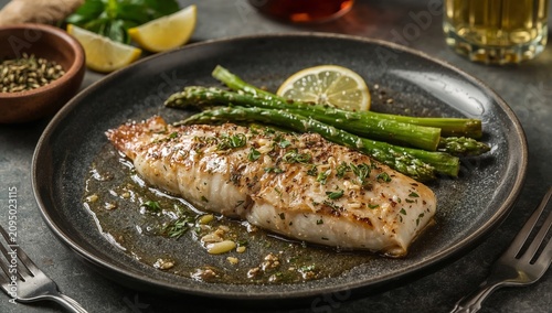 Delicious Fish Dish With Asparagus and Lemon Served on a Plate