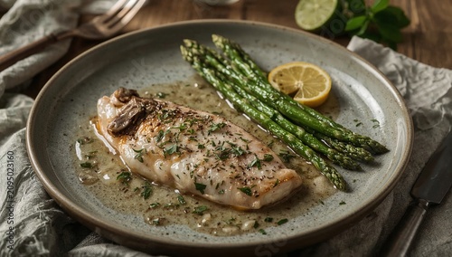 Delicious Fish Dish With Asparagus and Lemon Served on a Plate
