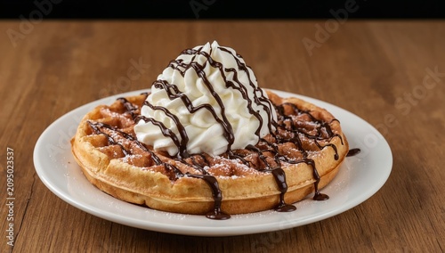 Waffle Topped With Whipped Cream and Chocolate Sauce Served on a White Plate