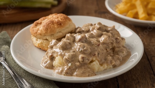 Comfort Food Served on a Plate With Biscuits and Mashed Potatoes in a Rustic ...