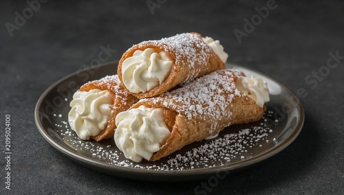 Dessert With Two Cannoli on a Plate With Powdered Sugar on Top