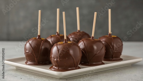Chocolate Apples on a Plate With Sticks Ready for a Sweet Treat at a Gatherin...