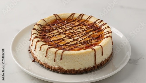 Delicious Cheesecake With Chocolate Drizzle on a White Plate
