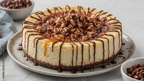 Delicious Cheesecake With Chocolate Drizzle on a White Plate