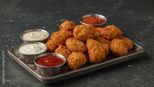 Fried Chicken Nuggets Served With Different Types of Sauce on a Metal Tray