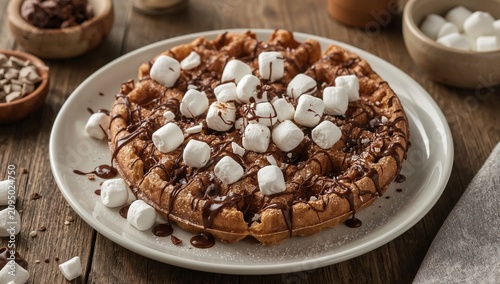 Delicious Waffle Topped With Chocolate Sauce and Marshmallows at a Cozy Kitch...