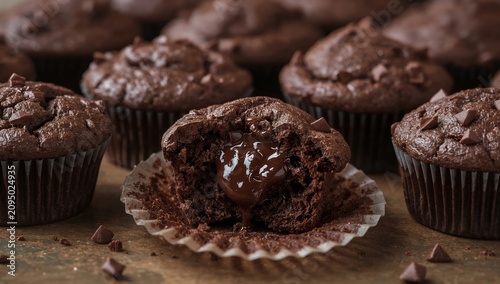 Delicious Chocolate Muffins With Melted Center Placed on a Wooden Table