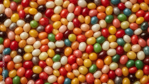 Bright Candy Jelly Beans in Many Colors Spread on a Surface