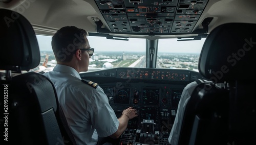 Pilots Navigate a Cockpit During a Sunset Flight Over the Clouds