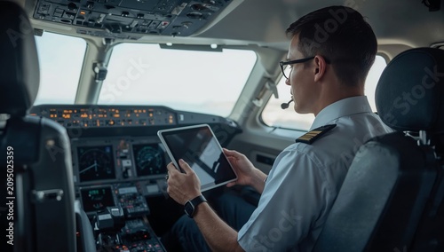 Pilot Uses Tablet for Navigation Inside Cockpit During Flight Preparation