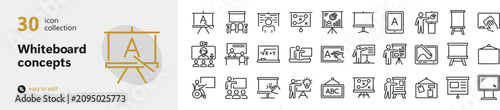 Set of 30 whiteboard presentation and teaching outline icons with whiteboard, presentation