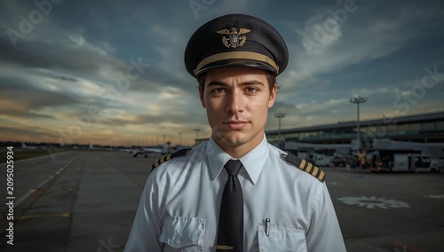 Pilot Stands on the Tarmac at an Airport During Sunset While Wearing a Unifor...