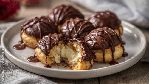 Sweet Treats With Cream and Chocolate on a Plate With One Cake Bitten