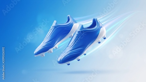 A pair of futuristic blue soccer cleats with white accents, appearing to float in a dynamic, light-streaked blue environment