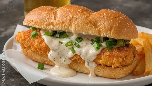 Fresh Sandwich With Fried Chicken, Lettuce, and Sauce on a Plate