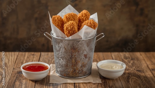 Crispy Chicken Pieces in a Metal Basket With Dipping Sauces on a Wooden Table