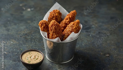 Crispy Chicken Pieces in a Metal Basket With Dipping Sauces on a Wooden Table