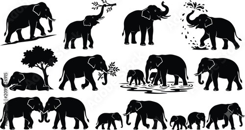 Photography Large collection of elephant silhouettes in various poses including walking spra