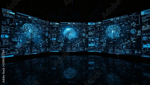 Digital Art Display Shows Blue Circuit Patterns in a Dark Room With Glowing E...