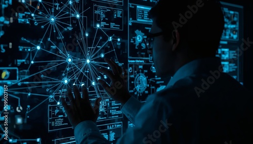 Person Interacts With a Digital Display Showing Network Data and Information ...
