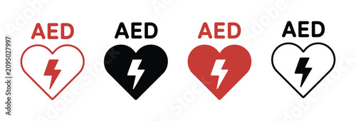 AED defibrillator icon set, automated external defibrillator symbols, emergency cardiac shock device signs for healthcare safety and medical applications.
